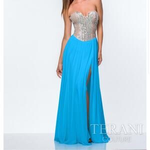 Terani Couture Strapless Prom Dress Blue Silver Embellish flowy chiffon skirt 4
